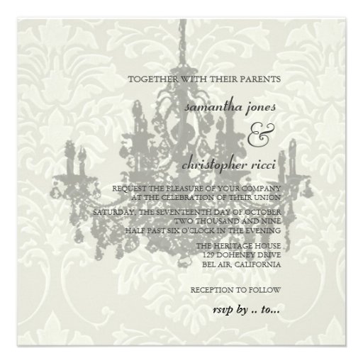 Chandelier on white damask,  wedding Invitations