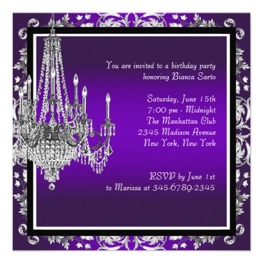 Chandelier Purple Damask Birthday Party Invite