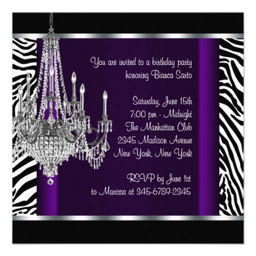 Chandelier Purple Zebra Birthday Party Custom Invite