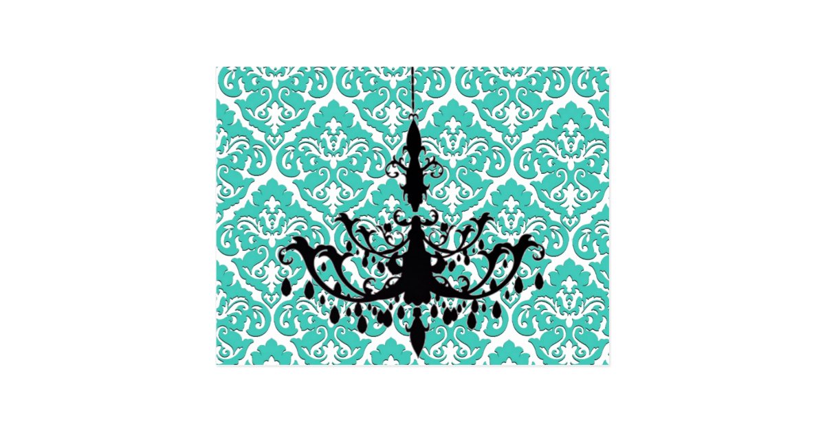 Chandelier Silhouette Teal Damask Postcard | Zazzle