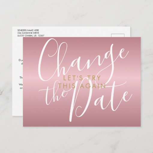 Change The Date Postponed Cancelled ChicRose Gold Postcard Zazzle