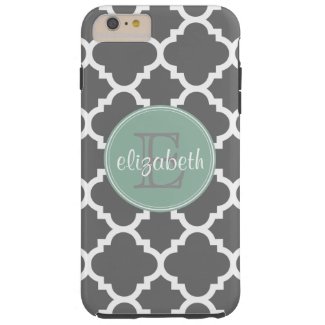 Charcoal and Mint Quatrefoil Pattern Monogram Tough iPhone 6 Plus Case