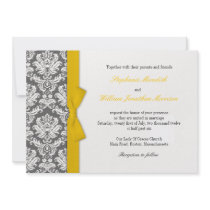 Charcoal Damask Yellow Bow Wedding Invitation