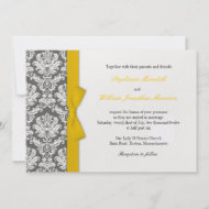 Charcoal Damask Yellow Bow Wedding Invitation invitation