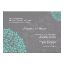 Charcoal Gray and Aqua Damask Wedding Invitation