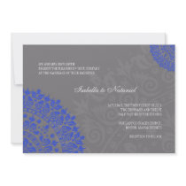 Charcoal Gray and Blue Damask Wedding Invitation