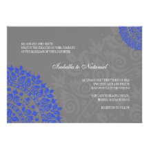 Charcoal Gray and Blue Damask Wedding Invitation