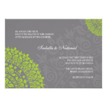 Charcoal Gray and Green Damask Wedding Invitation