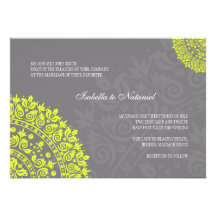 Charcoal Gray and Lime Damask Wedding Invitation