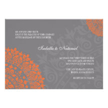 Charcoal Gray and Orange Damask Wedding Invitation