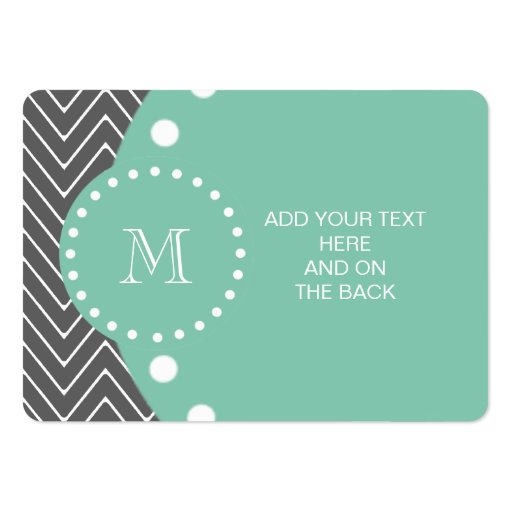 Charcoal Gray Chevron Pattern | Mint Green Monogra Business Card (front side)