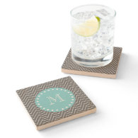Charcoal Gray Chevron Pattern | Teal Monogram Stone Beverage Coaster