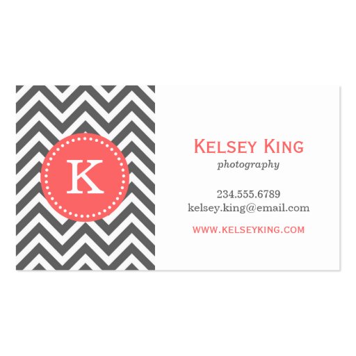 Charcoal Gray & Coral Chevron Custom Monogram Business Card Template (front side)