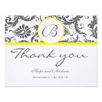 Charcoal Gray Damask Yellow Wedding Thank You Card Announcements