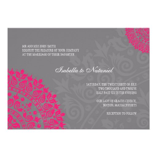 Charcoal Gray & Hot Pink Damask Wedding Invitation