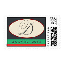 Charcoal gray initial with cream oval postage stamps