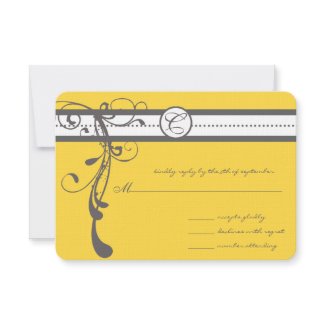 Charcoal Grey Swirls Bight Yellow Wedding RSVP invitation