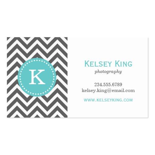 Charcoal Gray & Turquoise Chevron Custom Monogram Business Cards (front side)