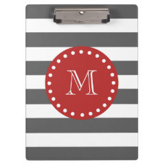 Charcoal Gray White Stripes Pattern, Red Monogram Clipboard