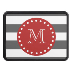 Charcoal Gray White Stripes Pattern, Red Monogram Trailer Hitch Cover