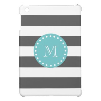 Charcoal Gray White Stripes Pattern, Teal Monogram iPad Mini Cases