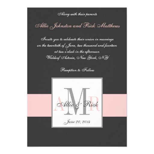 Charcoal Pink Monogram Wedding Invitation Front