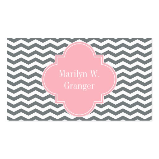 Charcoal Thin Chevron Pink Quatrefoil 3 Monogram Business Card (back side)