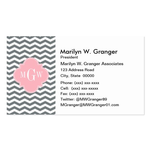 Charcoal Thin Chevron Pink Quatrefoil 3 Monogram Business Card (front side)