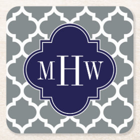 Charcoal White Moroccan #5 Navy 3 Initial Monogram Square Paper Coaster