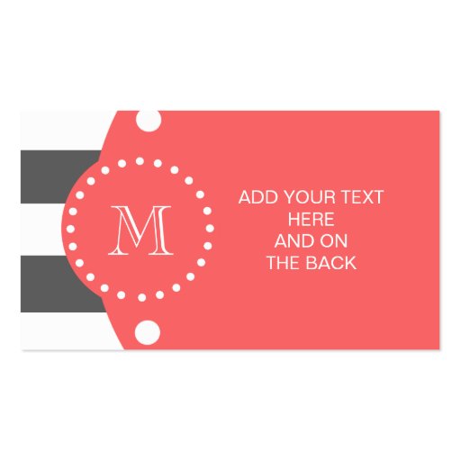 Charcoal White Stripes Pattern, Coral Monogram Business Card Template (front side)
