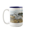  - The Icelandic mare in the painting is based on my Grey Icelandic mare, when she was younger. I tried to keep the ground simple as I wanted the horse to stand out. I have a problem with making things too detailed.
The painting is 99.9% Watercolor pencil, used like you would Watercolor cakes. 
I make wrap around mugs so they are perfect for both left and right handed people.: Sizes  Available colors: navyblue