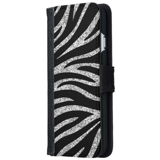 Charming Black Zebra Print Silver Glitter Sparkles iPhone 6 Wallet Case