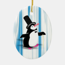 Charming Penguin on Blue Curtain Christmas Tree Ornament