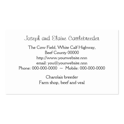 Charolais beef cattle business card (back side)