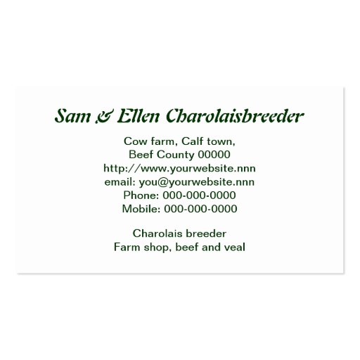 Charolais beef cattle business card (back side)