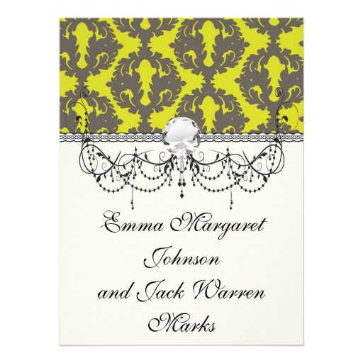 Chartreuse and Grey damask pattern Invite