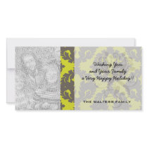 Chartreuse and Grey damask pattern Photo Card