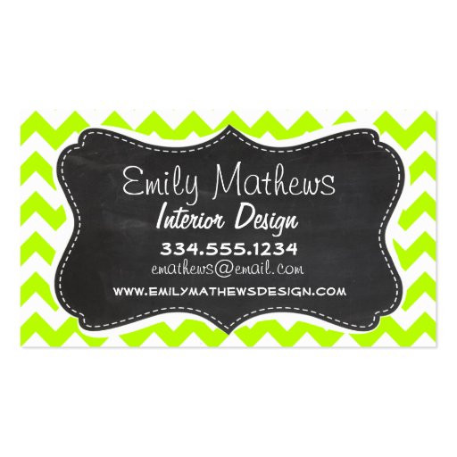 Chartreuse Chevron; Chalkboard look Business Cards (front side)