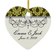 chartreuse green on brown damask design ornament