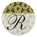 chartreuse green on brown damask design