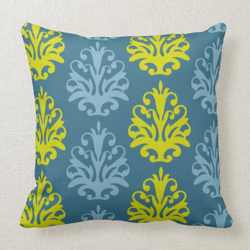 Chartreuse slate blue teal damask pillow