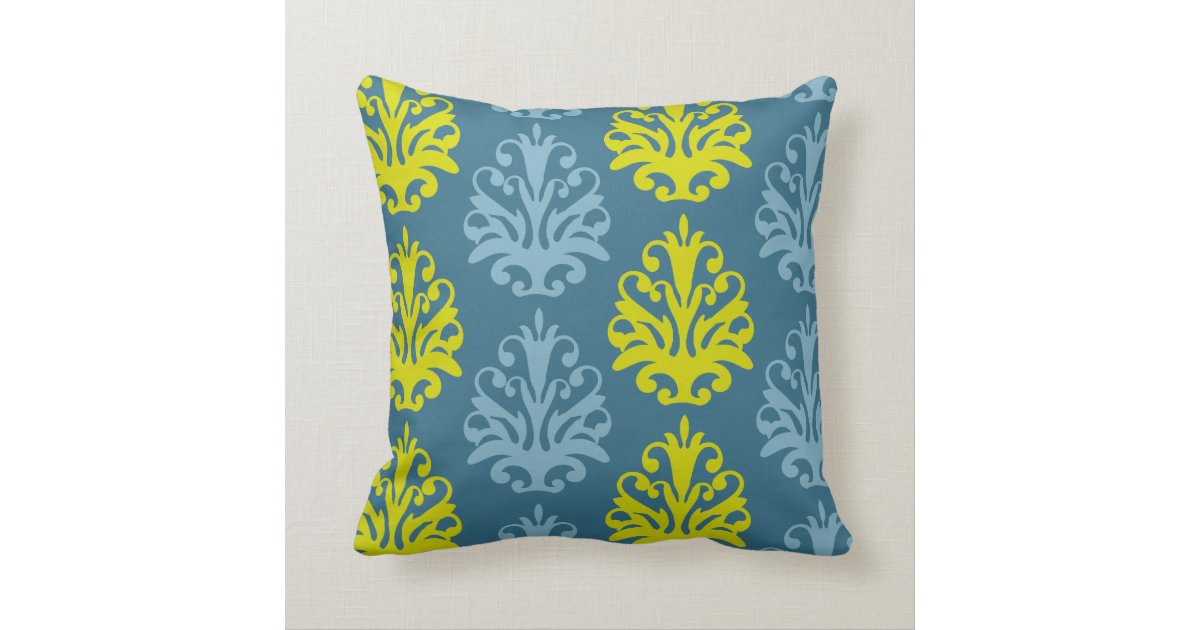 Chartreuse slate blue teal damask throw pillow Zazzle
