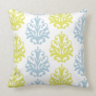 Chartreuse slate blue white damask throw pillow