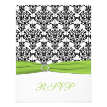 Chartreuse, White, and Black Damask Reply Card Invitation