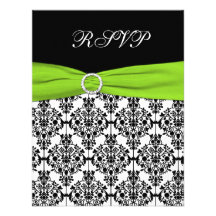 Chartreuse, White, and Black Damask Reply Card Custom Announcement