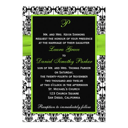 Chartreuse, White, Black Damask Wedding Invitation
