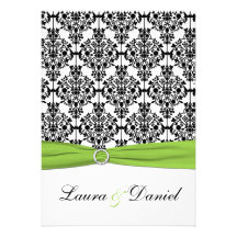 Chartreuse, White, Black Damask Wedding Invitation