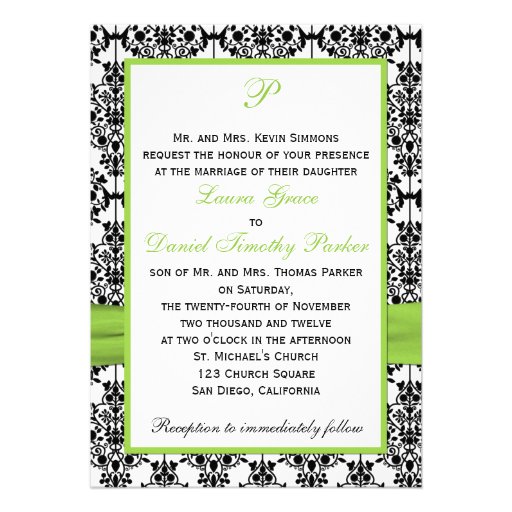 Chartreuse, White, Black Damask Wedding Invitation