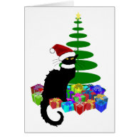 Chat Noir With Christmas Tree and Gifts Greeting Card
