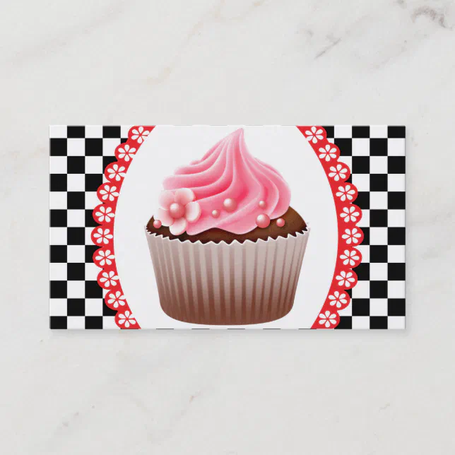 Checkerboard Pink Cupcake Bakery Business Card Zazzle